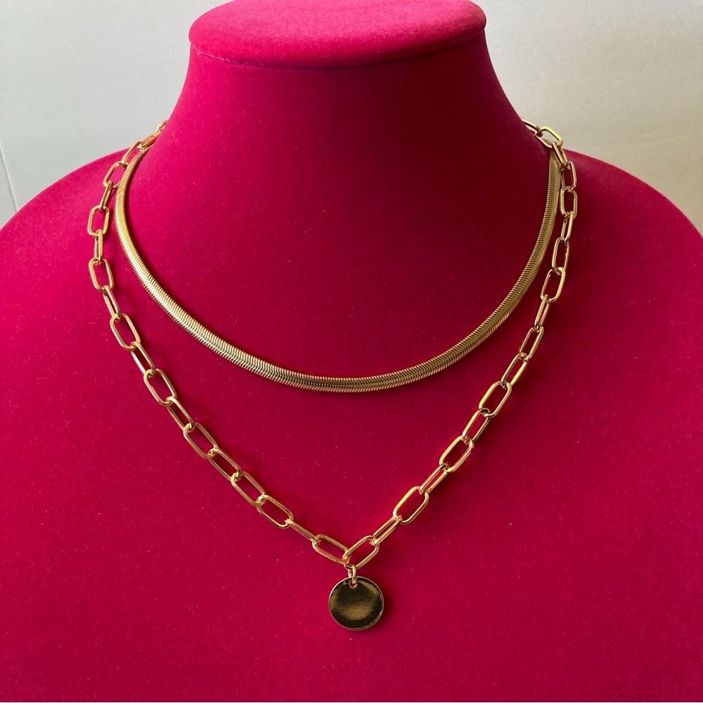 Two Layer Necklace Adjustable | Round Charm | Gol… - image 4